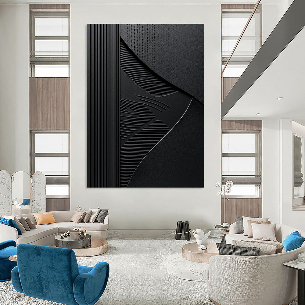 Contemporary abstract art features elegant embossed lines on a black background with balanced dark gray textures for a striking visual impact. DLZ1653