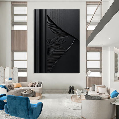 Contemporary abstract art features elegant embossed lines on a black background with balanced dark gray textures for a striking visual impact. DLZ1653