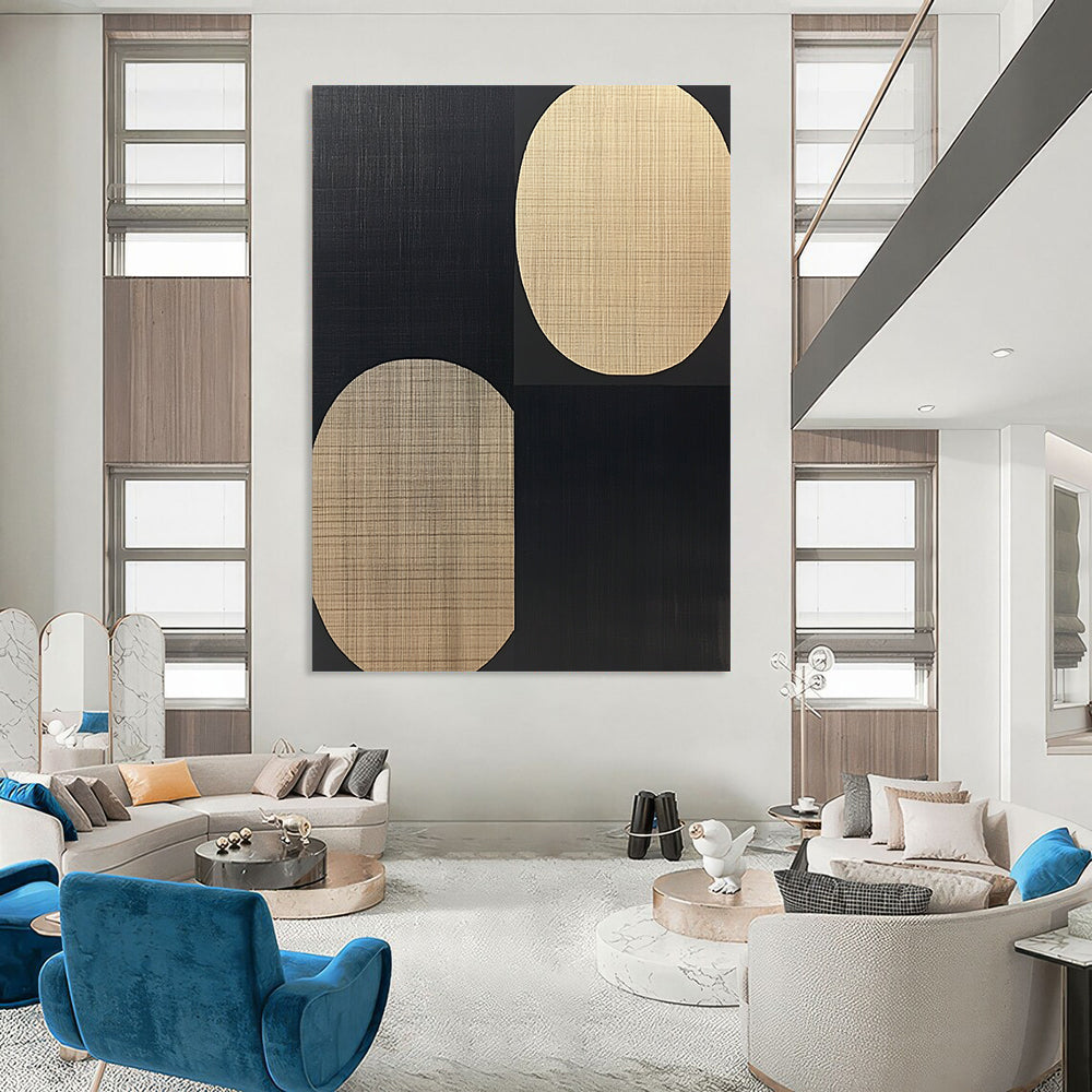Large contemporary hand-painted abstract artwork features black and beige ovals on a warm wood grain background in a minimalist style. DLZ1600
