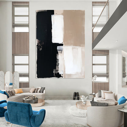 Contemporary hand-painted abstract artwork in beige and black tones, featuring white squares on a clean white background, perfect for modern decor. DLZ0694