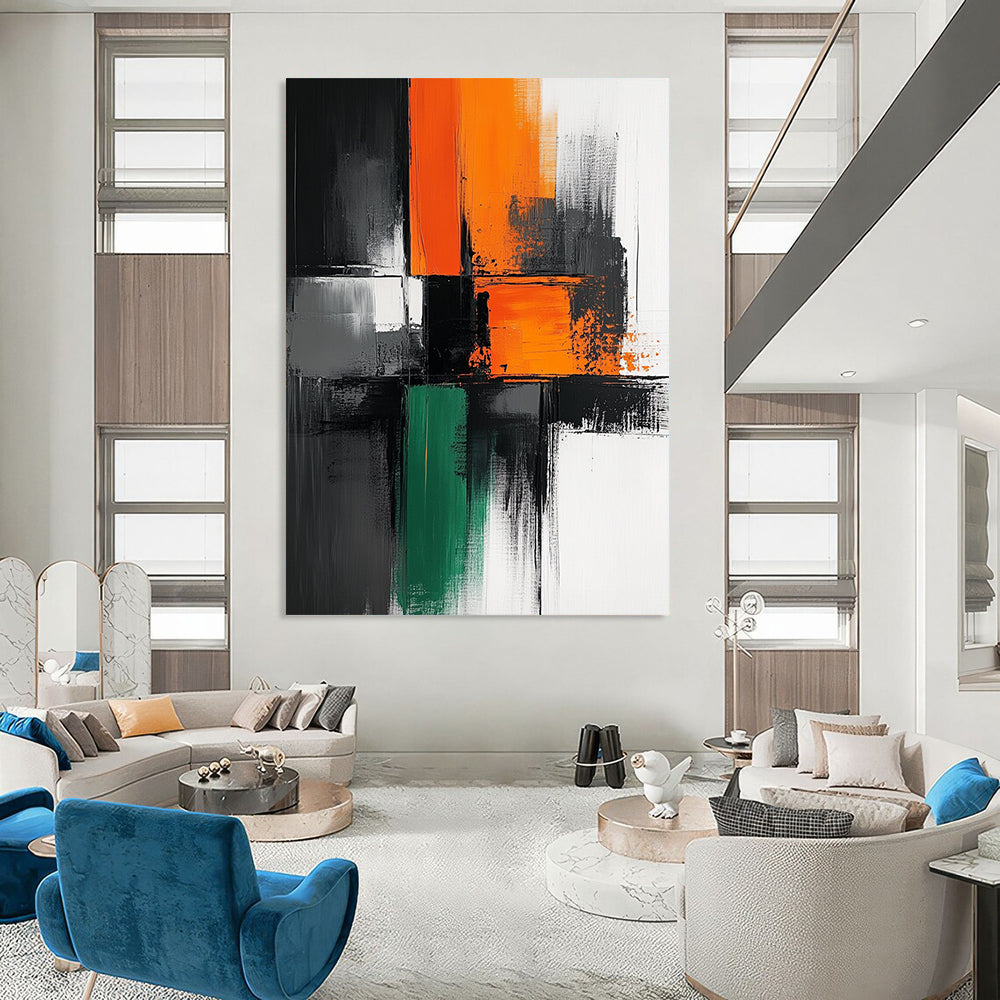Contemporary hand-painted abstract artwork features bold black lines on a pristine white background with vibrant blocks of orange gray and green colors. DLZ1651