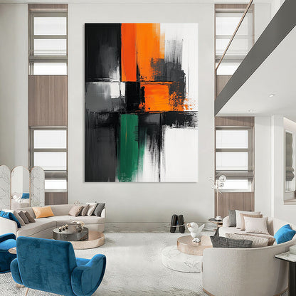 Contemporary hand-painted abstract artwork features bold black lines on a pristine white background with vibrant blocks of orange gray and green colors. DLZ1651