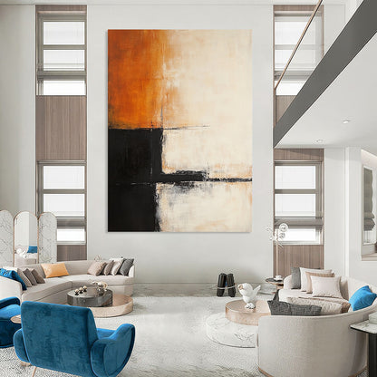 Contemporary abstract painting features soft orange, white, and black layers with architectural-like dark lines, creating depth in a minimalist style. DLZ1043