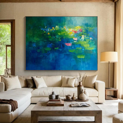 “Lily Pond Dreams” - Rich greens, blues, pops of pink, yellow; Abstracted water lilies, pond; Impressionistic Floral Painting On Canvas HB1149