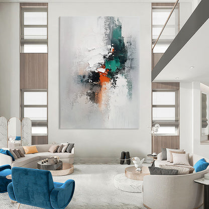 Contemporary hand-painted abstract art on canvas features thick brushstrokes in neutral tones with accents of grey teal and orange against a white background. DLZ1645
