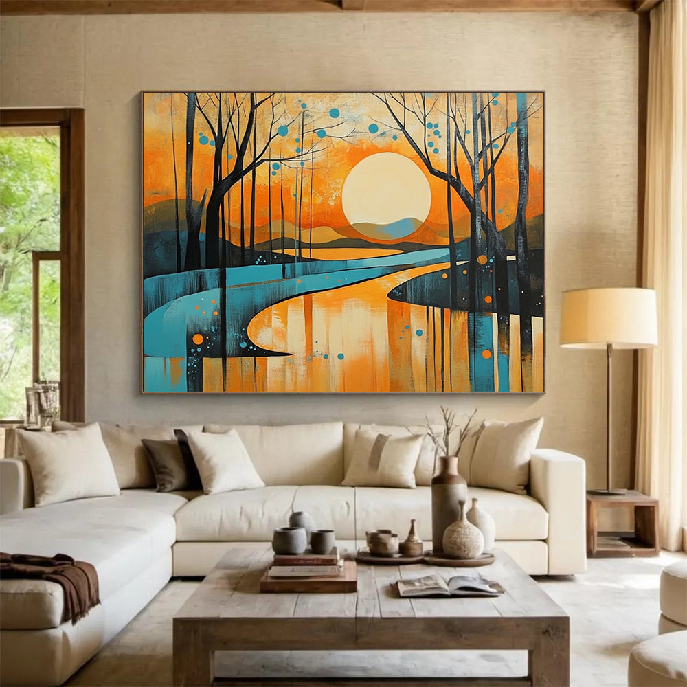 “Sunset Forest Landscape” - Orange, blue, yellow, Modern Landscape Painting HB0627