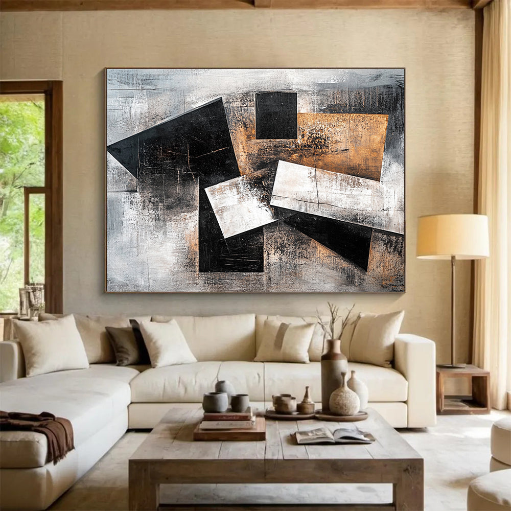 Gray, Black, White, Brown, Geometric Shapes "Industrial Puzzle" Abstract Cubist - Inspired Painting On Canvas HB059
