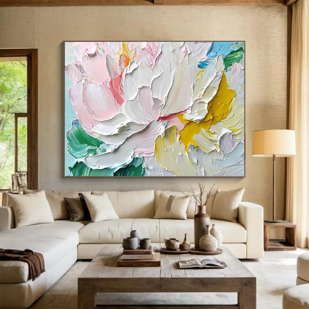 “Textured Pastel Peony” - Pastel Palette, Textured Peony Flower Painting On Canvas HB0876