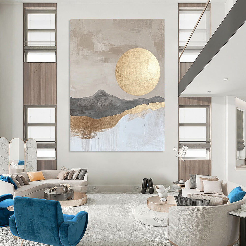 Contemporary hand-painted abstract art featuring a beige and gray landscape with a golden moon on textured paper surface in neutral colors. DLZ0284