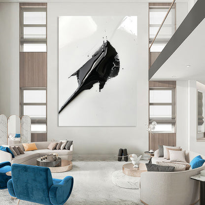 Contemporary abstract art featuring a black paint spread resembling a shark's fin on a white background capturing intricate details with a macro lens effect. DLZ1556