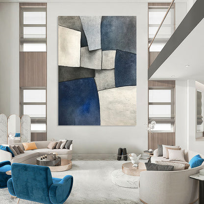 Contemporary abstract painting features deconstructed tailoring in gray blue and white shapes inspired by cubism with a low-angle perspective and subtle tonal values. DLZ0813