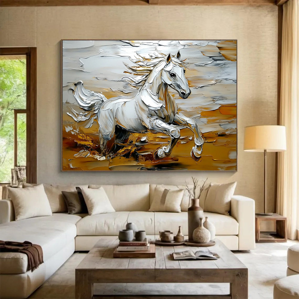 “Galloping White Horse” - Whites, Golds, Browns, Running Horse - Palette Knife Oil Painting HB1570