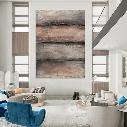 Contemporary hand-painted abstract art featuring textured layers of brown and gray evoking weathered wood in a rugged industrial style. DLZ1480