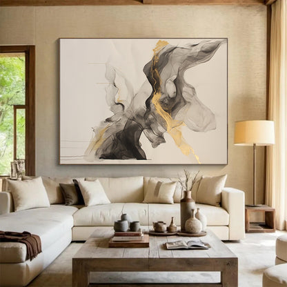 Beige, Gray, Gold, Flowing Shapes "Graceful Drift" Abstract Painting On Canvas HB026