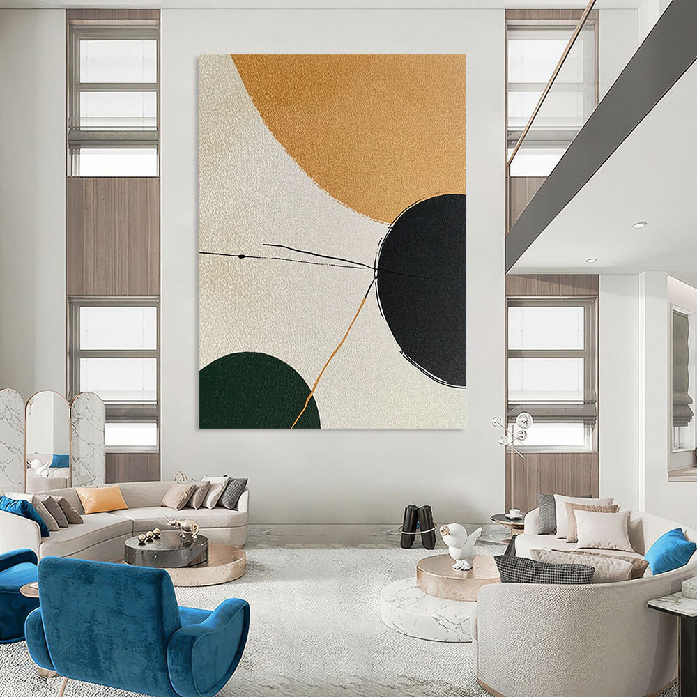 Contemporary hand-painted abstract art featuring minimalistic shapes in earthy tones with a calming palette and elegant black lines connecting forms. DLZ1191