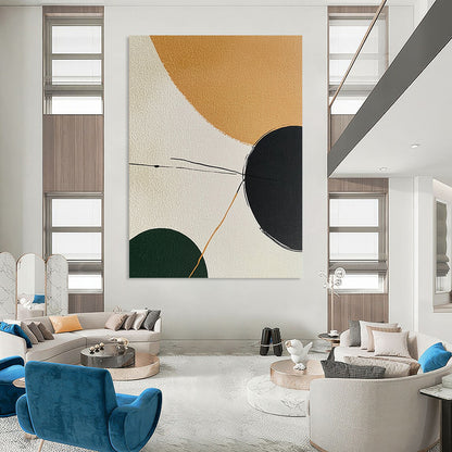Contemporary hand-painted abstract art featuring minimalistic shapes in earthy tones with a calming palette and elegant black lines connecting forms. DLZ1191