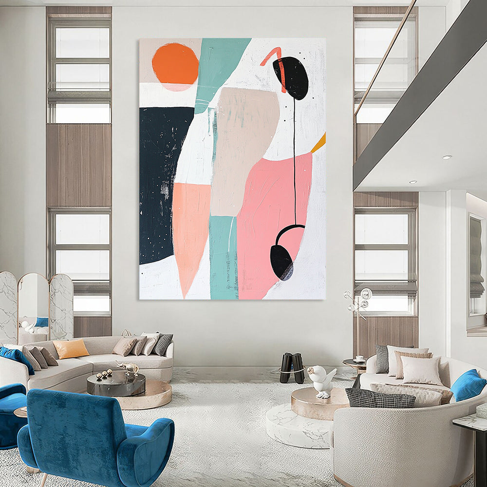 Large contemporary hand-painted abstract artwork featuring geometric shapes in soft pastels creating a calm and soothing atmosphere with negative space and a small black headphone detail. DLZ1374