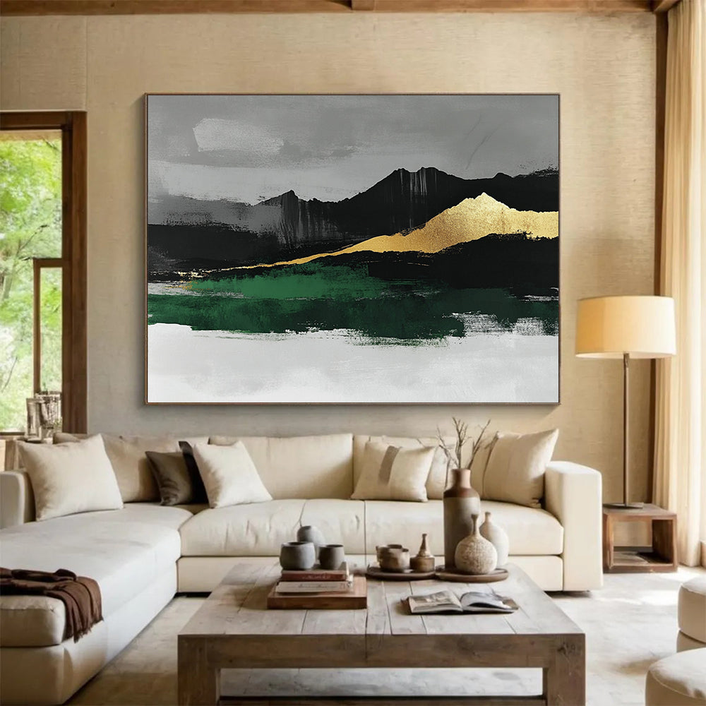 “Gold - Mountain Landscape with Green” - Gold, Green, Black, Gray, Mountain Shapes Painting On Canvas HB0808