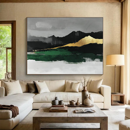 “Gold - Mountain Landscape with Green” - Gold, Green, Black, Gray, Mountain Shapes Painting On Canvas HB0808