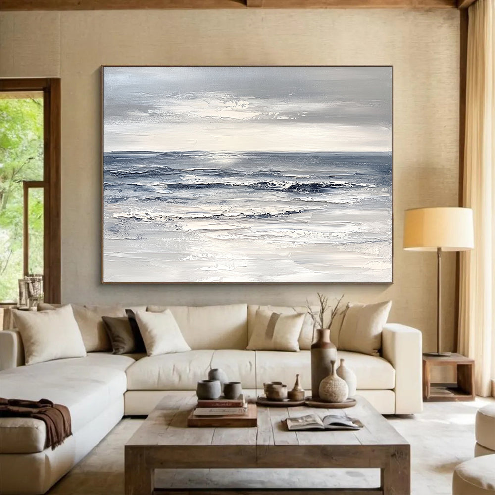 “Gray and White Seascape” - Gray, White, Textured Ocean Painting On Canvas HB1011