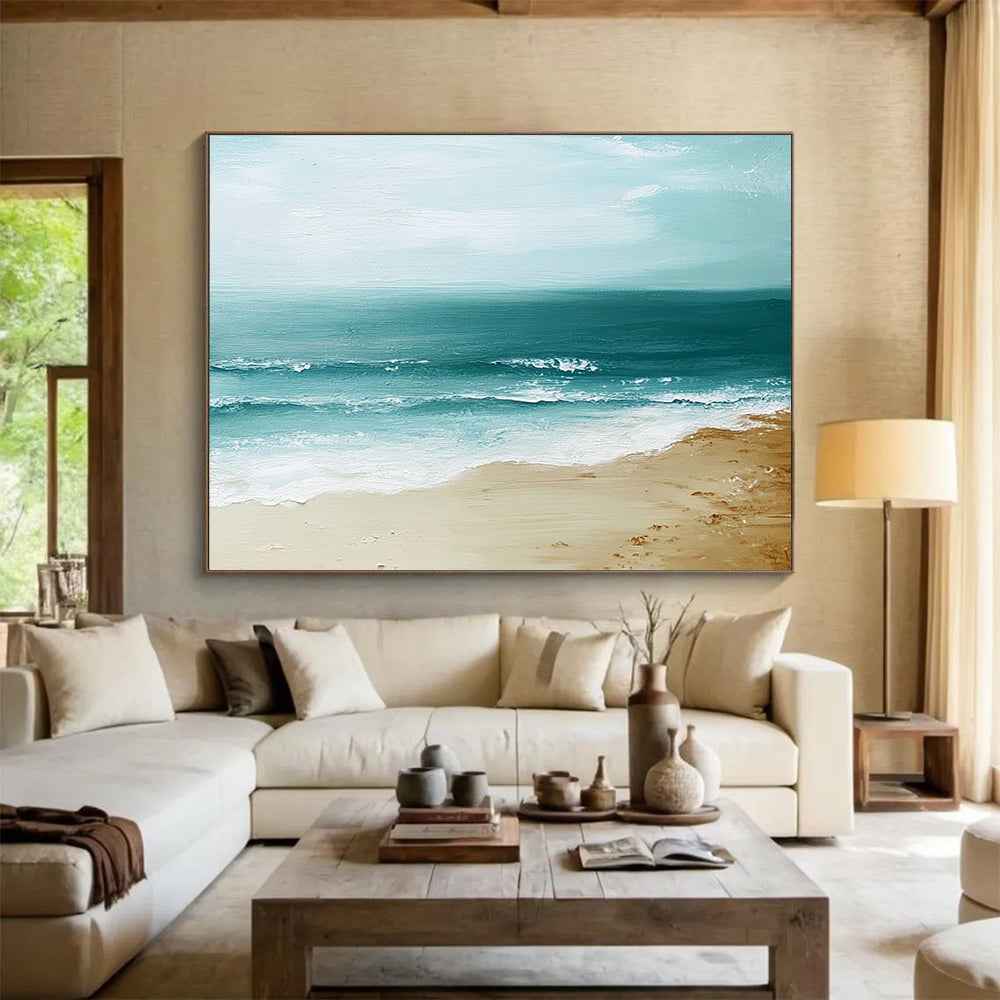 “Serene Seashore” - Blues, Browns, Whites, Calm Beach - Minimalist Acrylic Painting HB1599