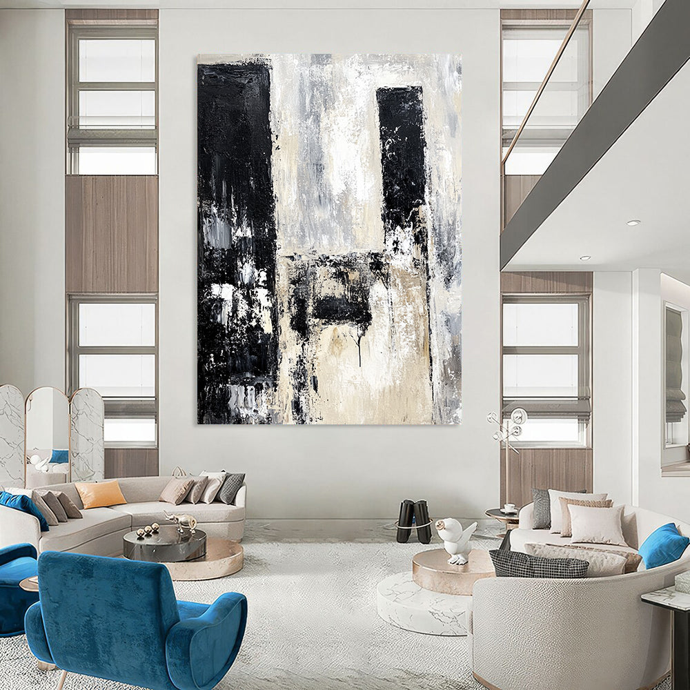 Contemporary hand-painted abstract artwork depicting urban ruins in black and white with neutral tones using vintage oil paint. DLZ0665