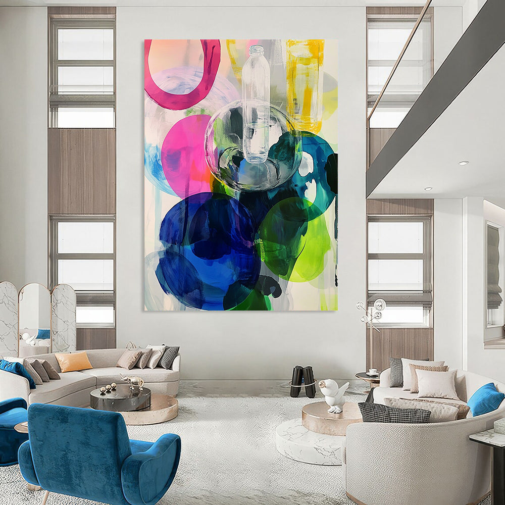 Contemporary abstract artwork featuring large round shapes in vibrant pinks blues greens and yellows enhanced with transparent plastic bottles. DLZ0984