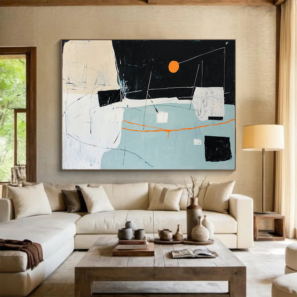 “Abstract Night Sky with Orange Sun” - Black, Orange, White, Blue, Abstract Forms - Painting On Canvas HB1417