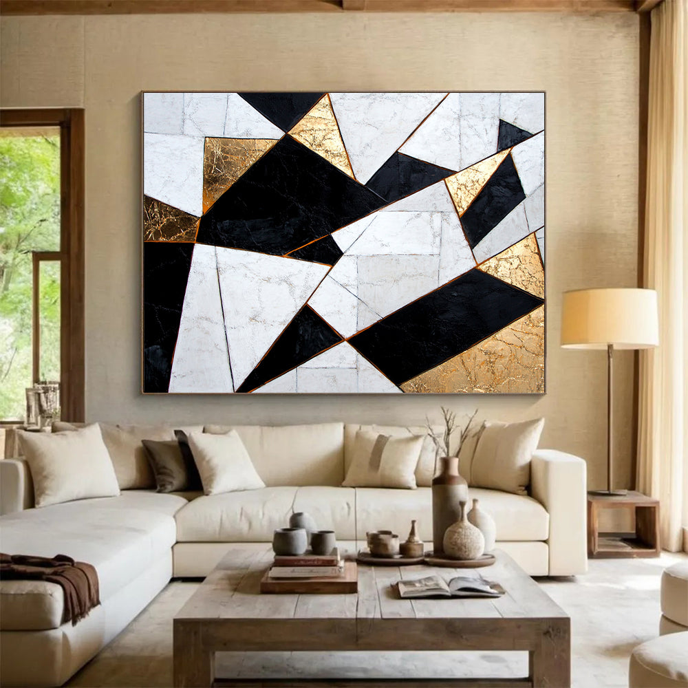 White, Black, Gold, Geometric Triangles "Gilded Geometry" Abstract Modernist Painting On Canvas HB076