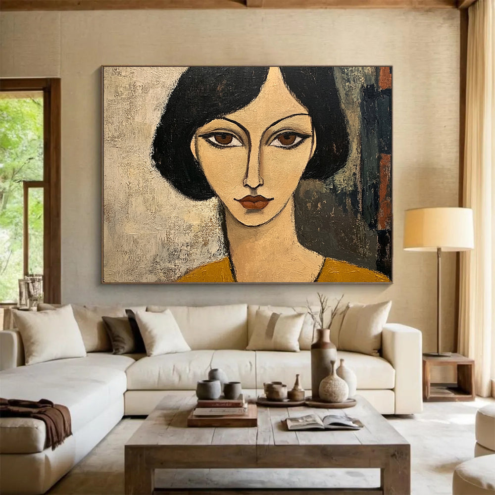 “Stylized Woman’s Portrait” - Black, Beige, Brown, Minimalist Female Face - Cubist - Inspired Acrylic Painting HB1699