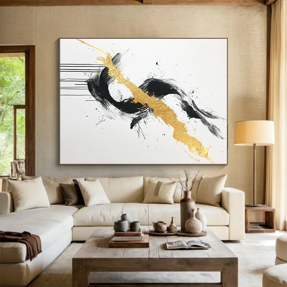 Black, White, Gold, Gray, Intertwined Strokes "Gilded Fusion" Abstract Expressionist Painting On Canvas HB099