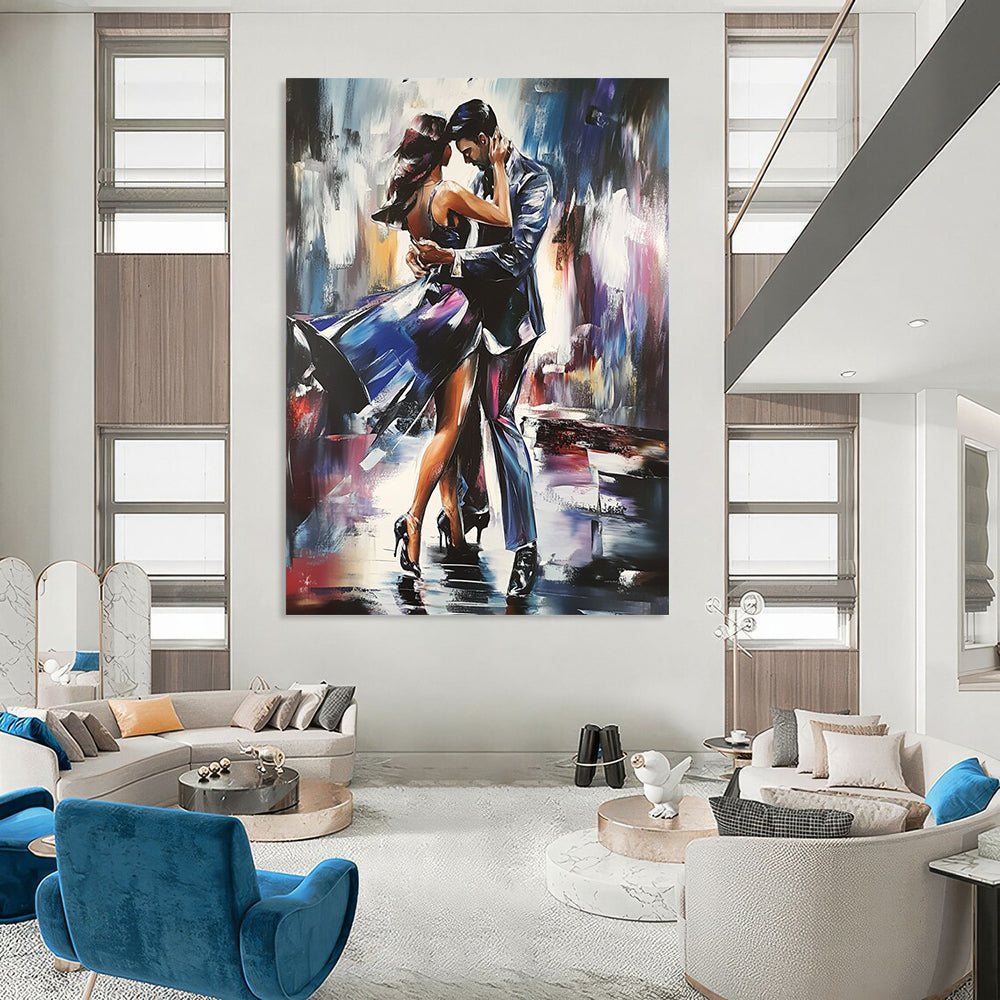 Contemporary hand-painted abstract artwork featuring two figures dancing the tango with dynamic brush strokes and intricate detailing in a striking composition. DLZ1659