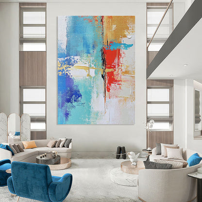 Contemporary hand-painted abstract art showcasing urban landscapes with textured brush strokes in soft neutrals and vibrant blue and red highlights DLZ0511