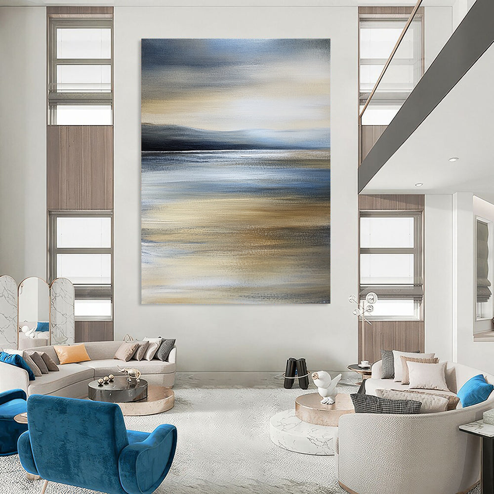 Contemporary hand-painted abstract art captures a tranquil beach scene with calm sea and an overcast sky in soothing shades of grey and blue. DLZ0999