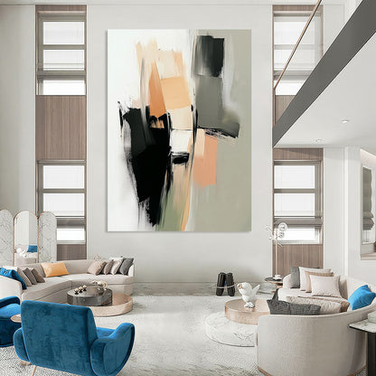 Contemporary hand-painted abstract art featuring thick brushstrokes in neutral tones of beige and black with geometric shapes and soft edges. DLZ0430