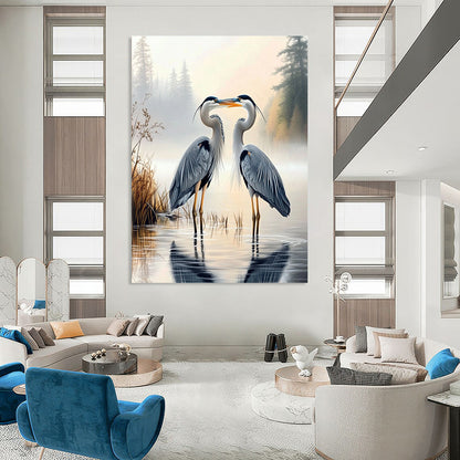 Contemporary hand-painted abstract art capturing two herons on a foggy lake with a lush forest backdrop, perfect for elevating any space. DLZ1718