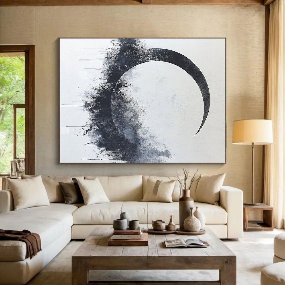Black, White, Gray, Textured Crescent "Midnight Moon" Abstract Expressionist Painting On Canvas HB092