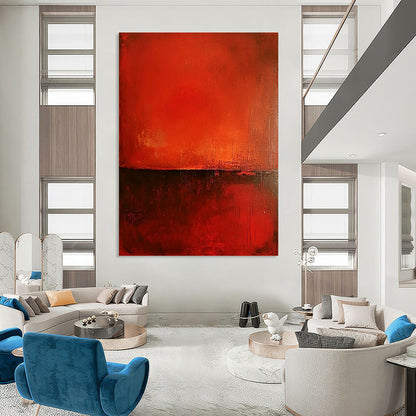 Contemporary abstract painting features a rich red background, smooth red surface, and warm dark brown accents, creating minimalist atmospheric depth and intriguing textures. DLZ1448