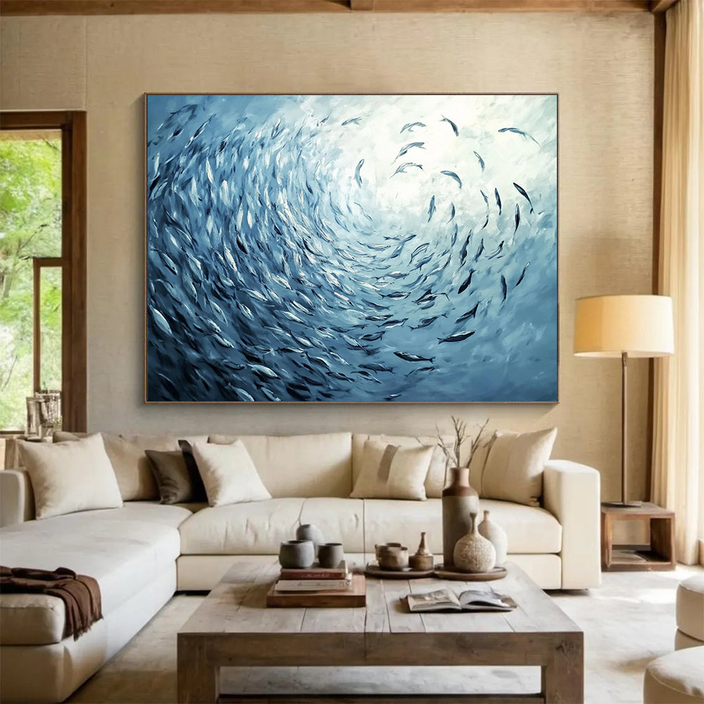 “Blue School of Fish Vortex” - Blue, Fish, Vortex Painting On Canvas HB0756