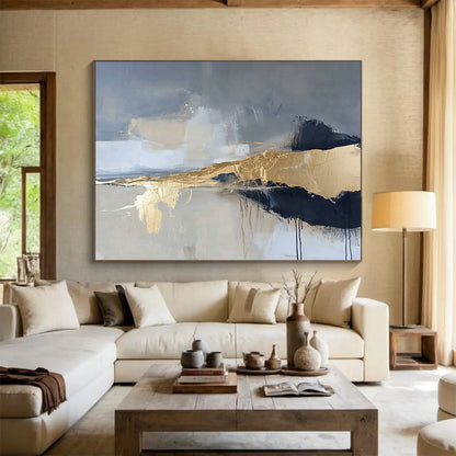 “Gilded Mist” - Gray, Gold, Black, Abstract Textured Landscape Painting On Canvas HB1068