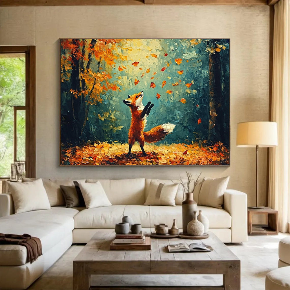“Fox in Autumn Forest” - A fox playing with leaves in a colorful forest, Impressionist Animal Painting On Canvas HB0552