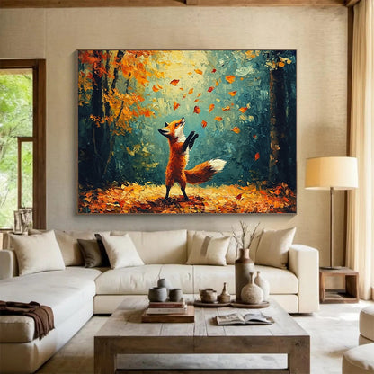 “Fox in Autumn Forest” - A fox playing with leaves in a colorful forest, Impressionist Animal Painting On Canvas HB0552