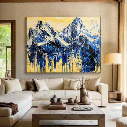 “Mountain Streams of Blue and Yellow” - Blue, yellow; Abstract mountain peaks; Drip - style Acrylic Painting On Canvas HB1187