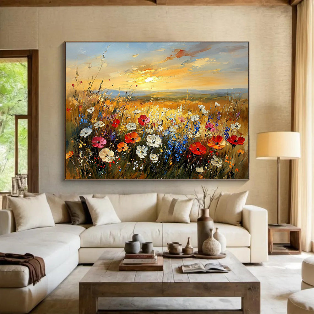 “Wildflower Meadow at Sunset” - Vivid Pinks, Purples, Yellows, Colorful Wildflower Field - Impressionist Oil Painting HB1687