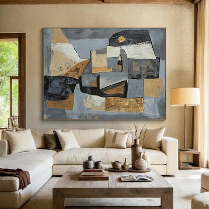 Gray, Black, White, Gold and Brown Cubist Portrait "Abstract Identity" Painting On Canvas HB356