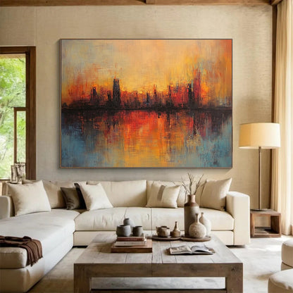 “Sunset City Reflection” - Orange, Red, Blue, Abstract City Sunset Reflection HB1135