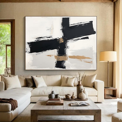 Black, White, Beige, Bold Brushstrokes "Minimalist Crossroads" Abstract Contemporary Painting On Canvas HB050