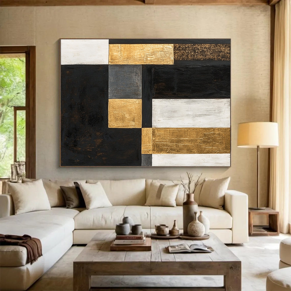 Black, White, Gold, Gray, Patchwork Squares "Urban Gilded Patchwork" Abstract Modernist Painting On Canvas HB156