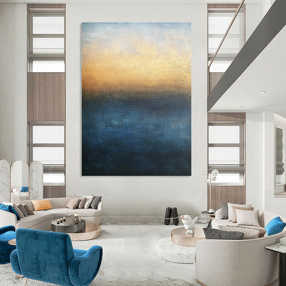 Contemporary large abstract painting with minimalist style in blue and brown tones featuring soft edges gradient sky and tranquil sea for serene atmosphere. DLZ0401
