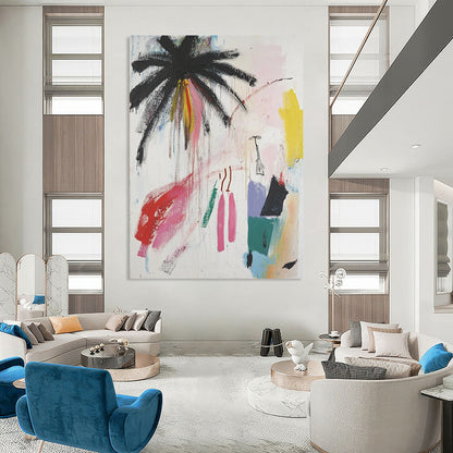 Contemporary hand-painted abstract art featuring palm trees and vibrant colors with a unique figure, blending raw strokes and minimalistic elements. DLZ0633